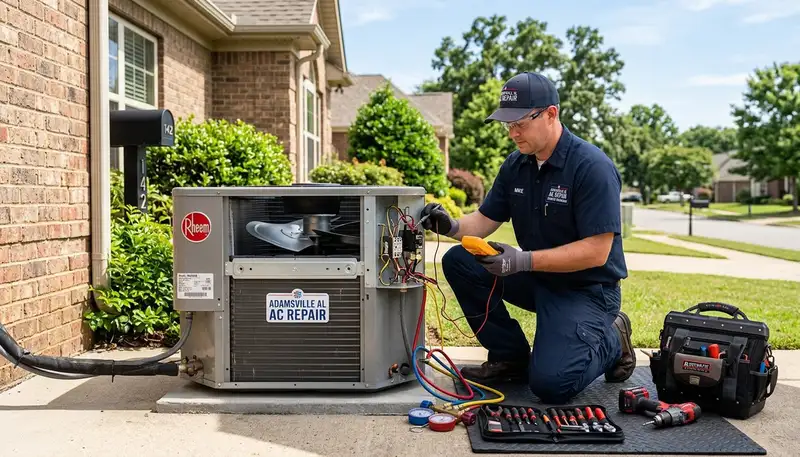 Professional AC repair technician servicing air conditioner in Birmingham AL home
