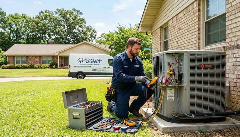 Professional AC repair technician servicing air conditioner in Birmingham AL home