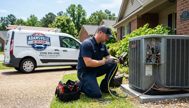 Professional AC repair technician servicing air conditioner in Birmingham AL home