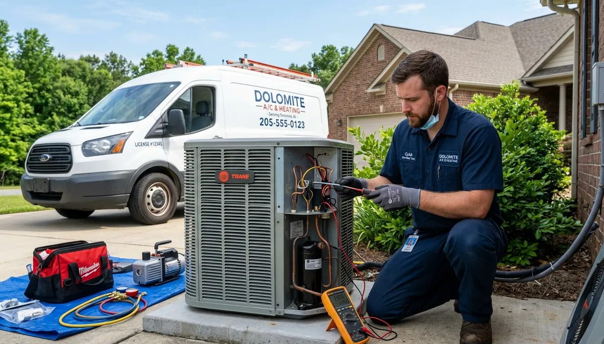 Professional AC repair technician servicing air conditioner in Birmingham AL home