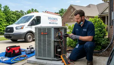 Professional AC repair technician servicing air conditioner in Birmingham AL home