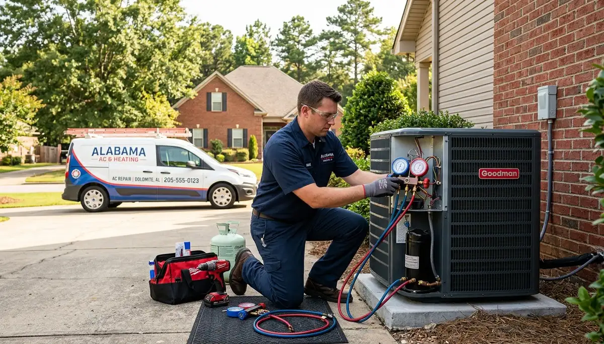 Professional AC repair technician servicing air conditioning unit in Birmingham, AL