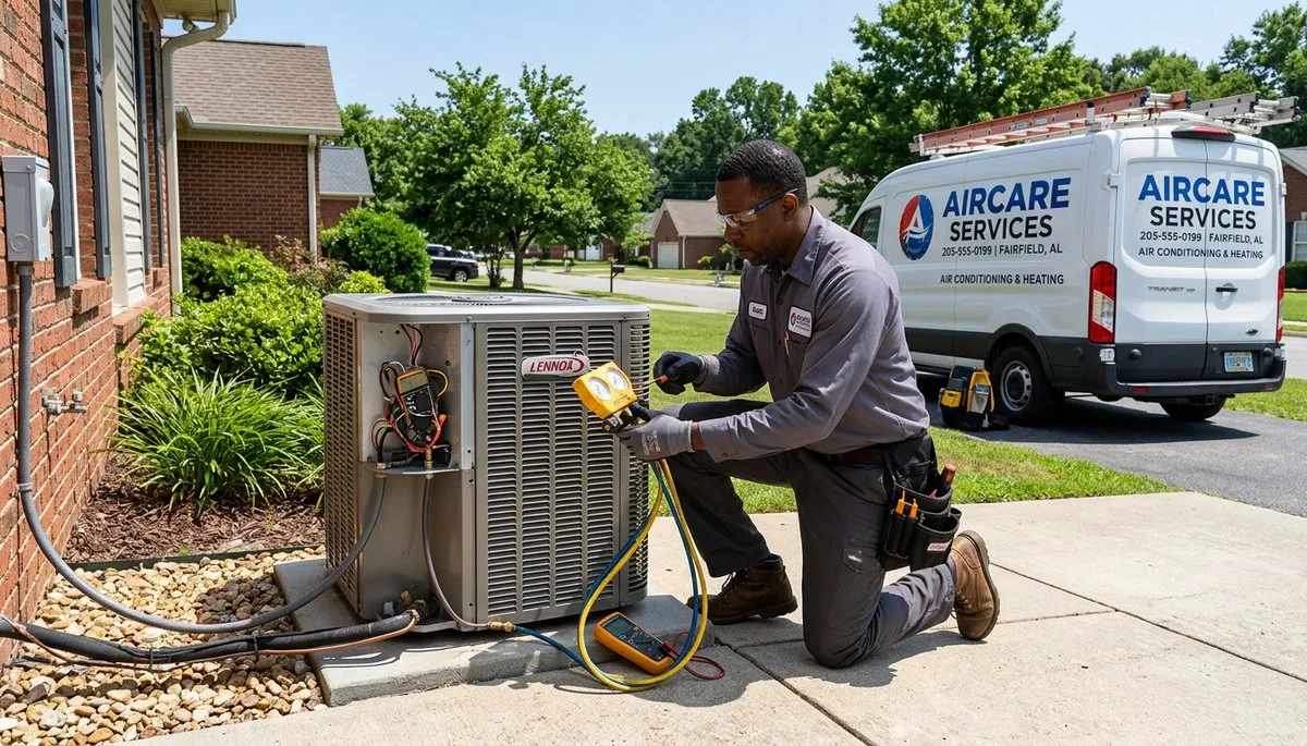 Professional AC repair technician servicing air conditioner unit in Birmingham AL home