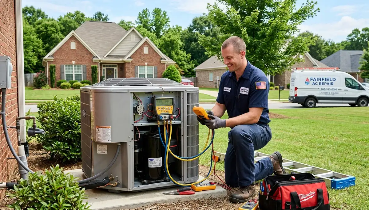 Professional AC repair technician servicing air conditioner unit in Birmingham, AL