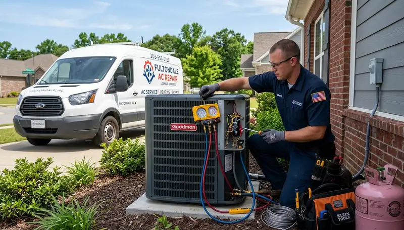 HVAC technician performing residential AC repair service in Birmingham, AL