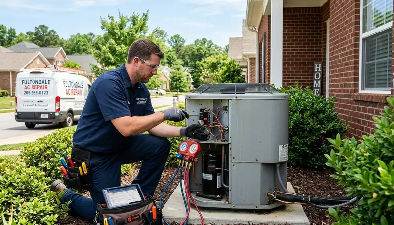 HVAC technician performing air conditioner repair in Birmingham AL home