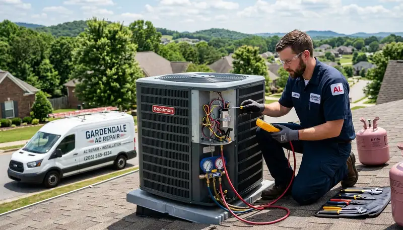 HVAC technician performing residential AC repair service in Birmingham, AL