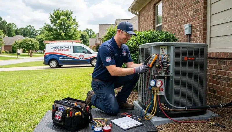 Professional AC repair technician servicing air conditioner unit in Birmingham, AL