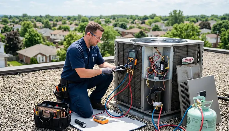 Technician repairing residential air conditioner unit in Birmingham AL for Five Star Cooling service