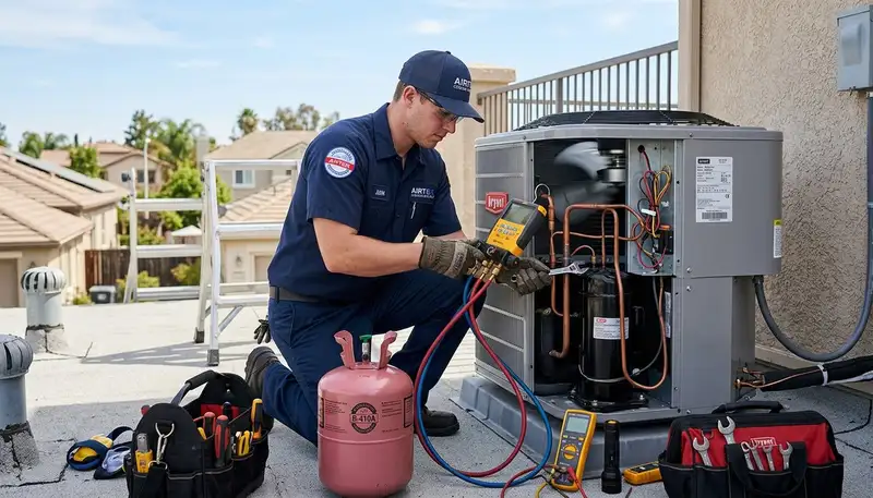Technician performing home AC repair service in Birmingham, AL for Five Star Cooling