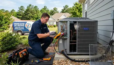 Professional AC repair technician servicing air conditioner in Birmingham AL home