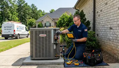 Professional AC repair technician servicing air conditioner unit in Birmingham, AL