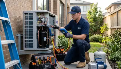 Professional AC repair technician servicing air conditioner in Birmingham, AL home