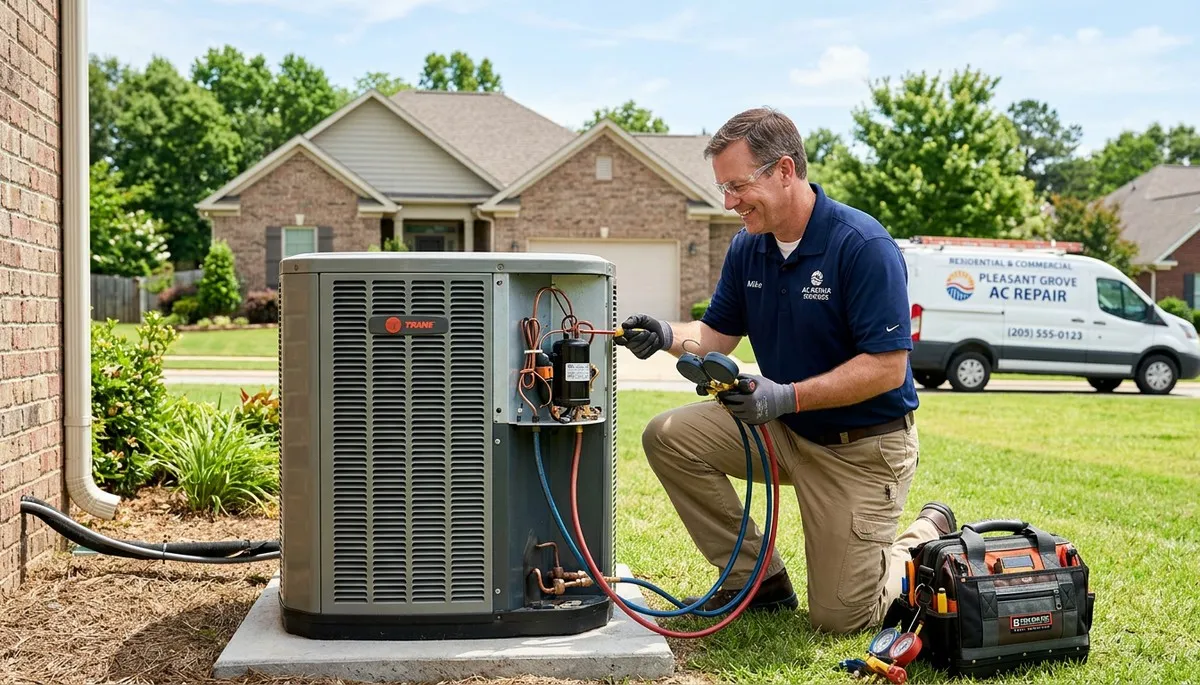 Professional AC repair technician servicing air conditioner in Birmingham AL home