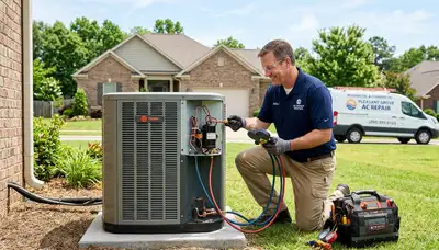 Professional AC repair technician servicing air conditioner in Birmingham AL home