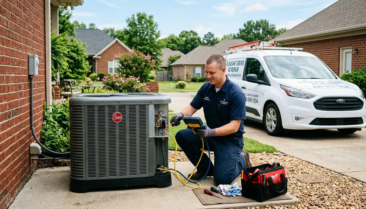 Professional AC repair technician servicing residential unit in Birmingham, AL
