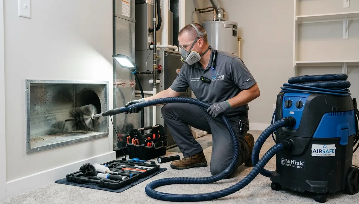 Technician cleaning air ducts for HVAC system in Birmingham AL home by Five Star Cooling