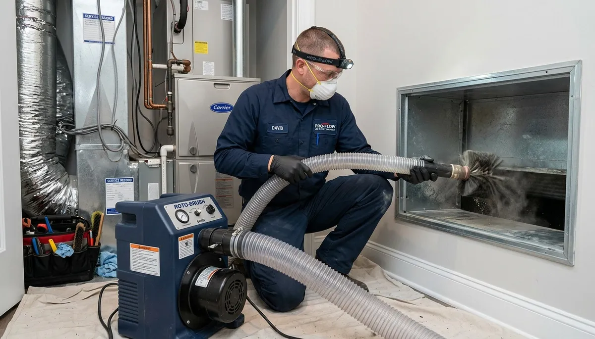 Technician cleaning air ducts for HVAC system in Birmingham AL home by Five Star Cooling