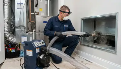 Technician cleaning air ducts for HVAC system in Birmingham AL home by Five Star Cooling
