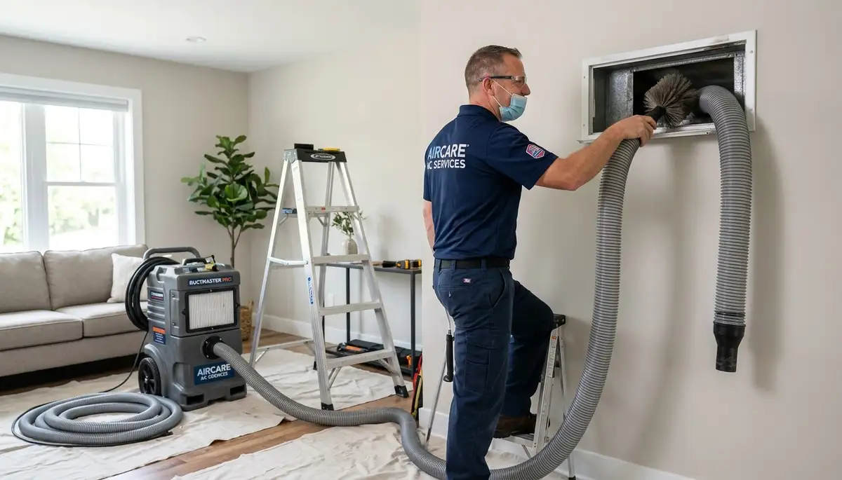 Technician cleaning air ducts for HVAC system in Birmingham, AL home by Five Star Cooling