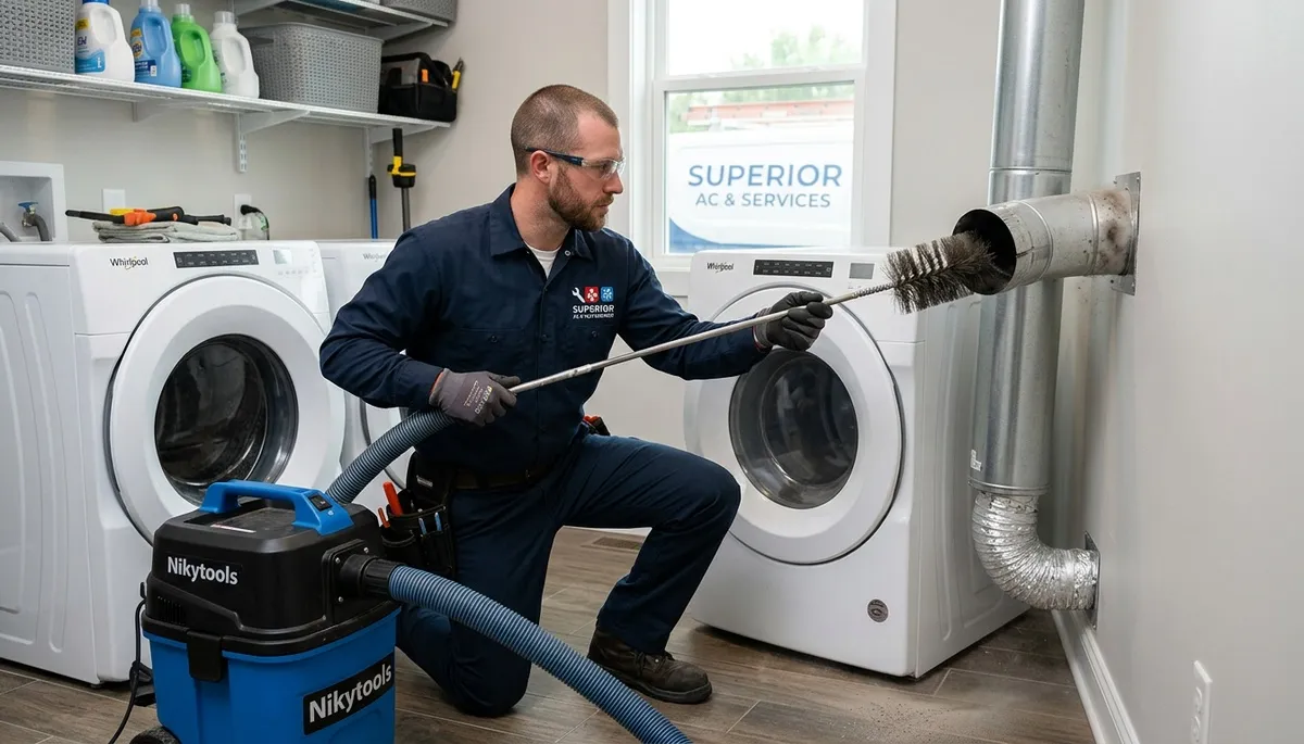 Technician performing professional dryer vent cleaning service in Birmingham, AL home