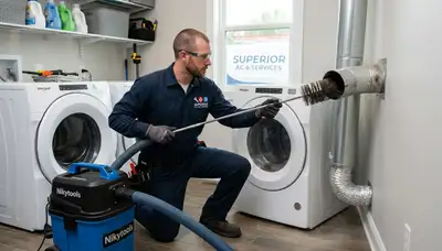 Technician performing professional dryer vent cleaning service in Birmingham, AL home