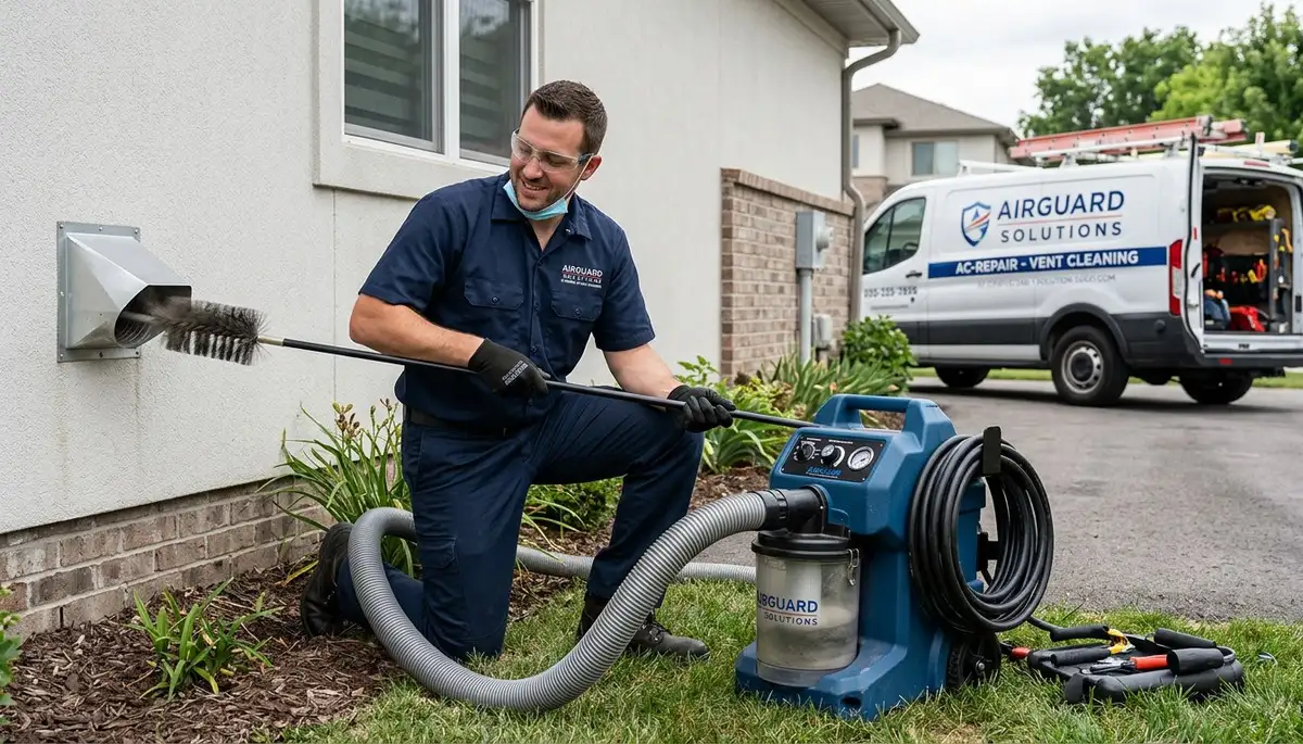 Technician cleaning residential dryer vent for improved airflow in Birmingham, AL home