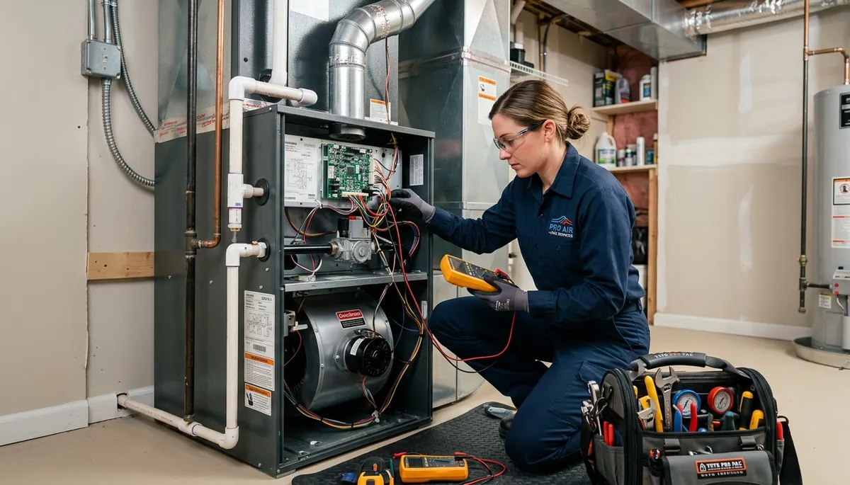 Technician performing furnace repair in Birmingham AL home for Five Star Cooling heating service