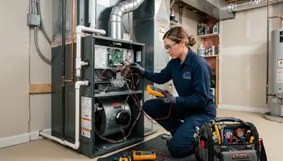 Technician performing furnace repair in Birmingham AL home for Five Star Cooling heating service