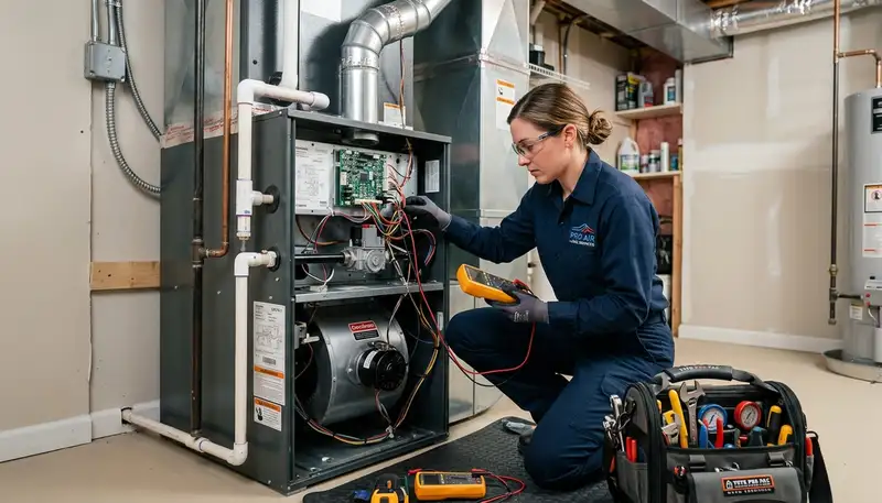 Technician performing furnace repair in Birmingham AL home for Five Star Cooling heating service