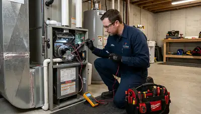 Technician performing furnace repair in Birmingham AL home for Five Star Cooling heating service