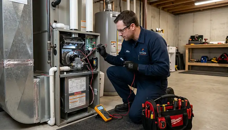 Technician performing furnace repair in Birmingham AL home for Five Star Cooling heating service