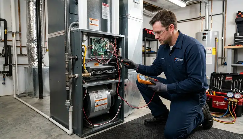 Technician performing furnace repair in Birmingham, AL for Five Star Cooling heating service