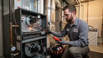 Technician performing heating repair service in Birmingham AL home for Five Star Cooling