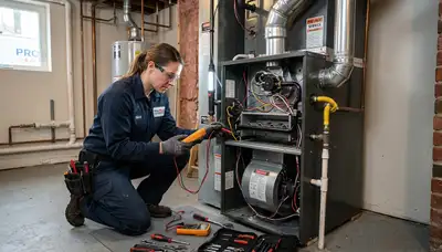 Technician performing heating repair on furnace in Birmingham, AL home