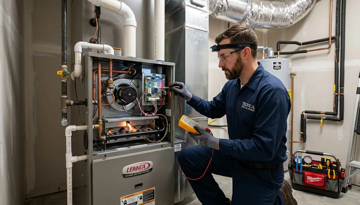 Technician performing heating repair on furnace in Birmingham AL home for Five Star Cooling