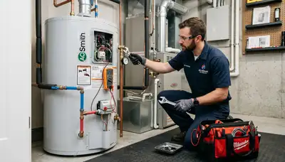 Technician performing water heater repair in Birmingham AL for Five Star Cooling service page
