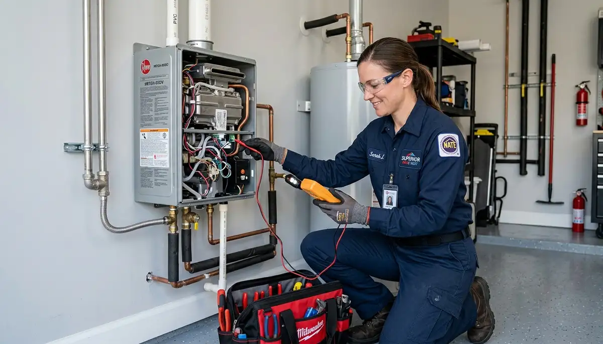 Technician performing water heater repair service in Birmingham, AL for Five Star Cooling